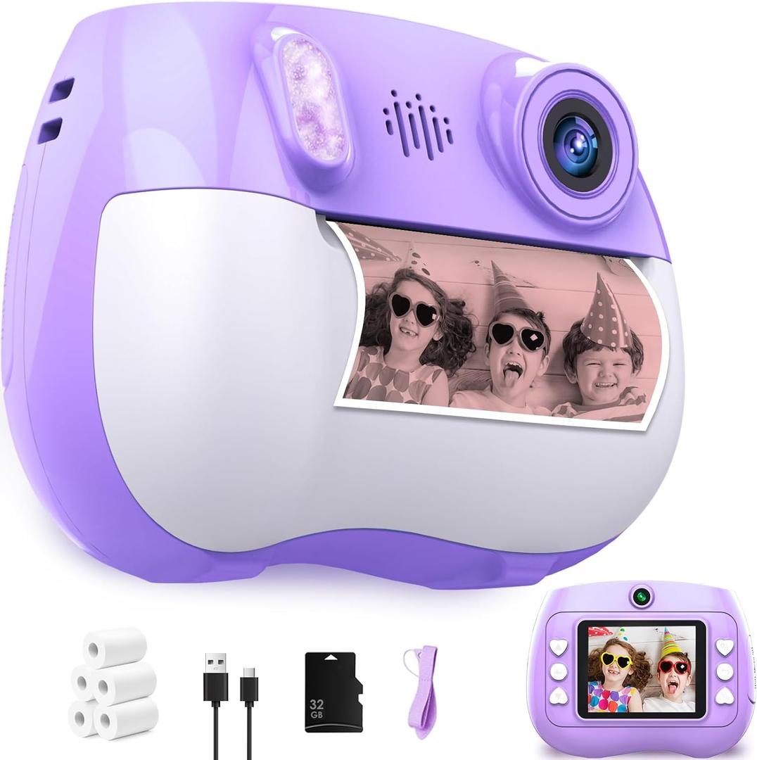 Instant Print Camera for Kids Christmas Birthday Gifts for Girls Boys HD Kids Digital Video Cameras for Toddler, Portable Toy for 3 4 5 6 7 8 9 10 11 12 Year Old with 32GB & 250 Print Paper, Purple