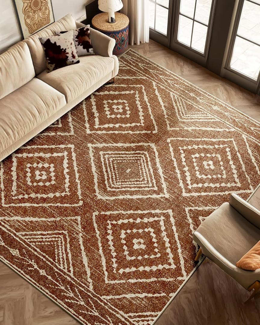 Area Rug 8x10 Rug Machine Washable Non-Slip Low Pile Print Pattern Western Rug for Living Room Bedroom Entryway Tribal Series -Yellowbrown/Cream