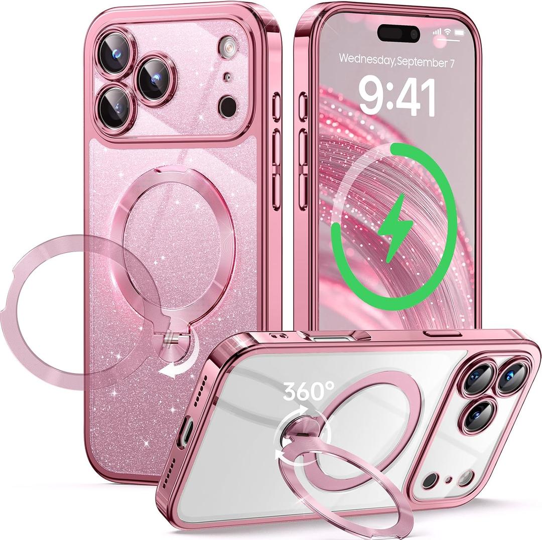 360° Spin CD Stand for iPhone 17 Pro Max Case Compatible with Magsafe Ring [Never Yellow][DIY Glitter Cardstock] Camera Protection Plating Clear Cute Phone Case for Women Girls 6.9'', Pink