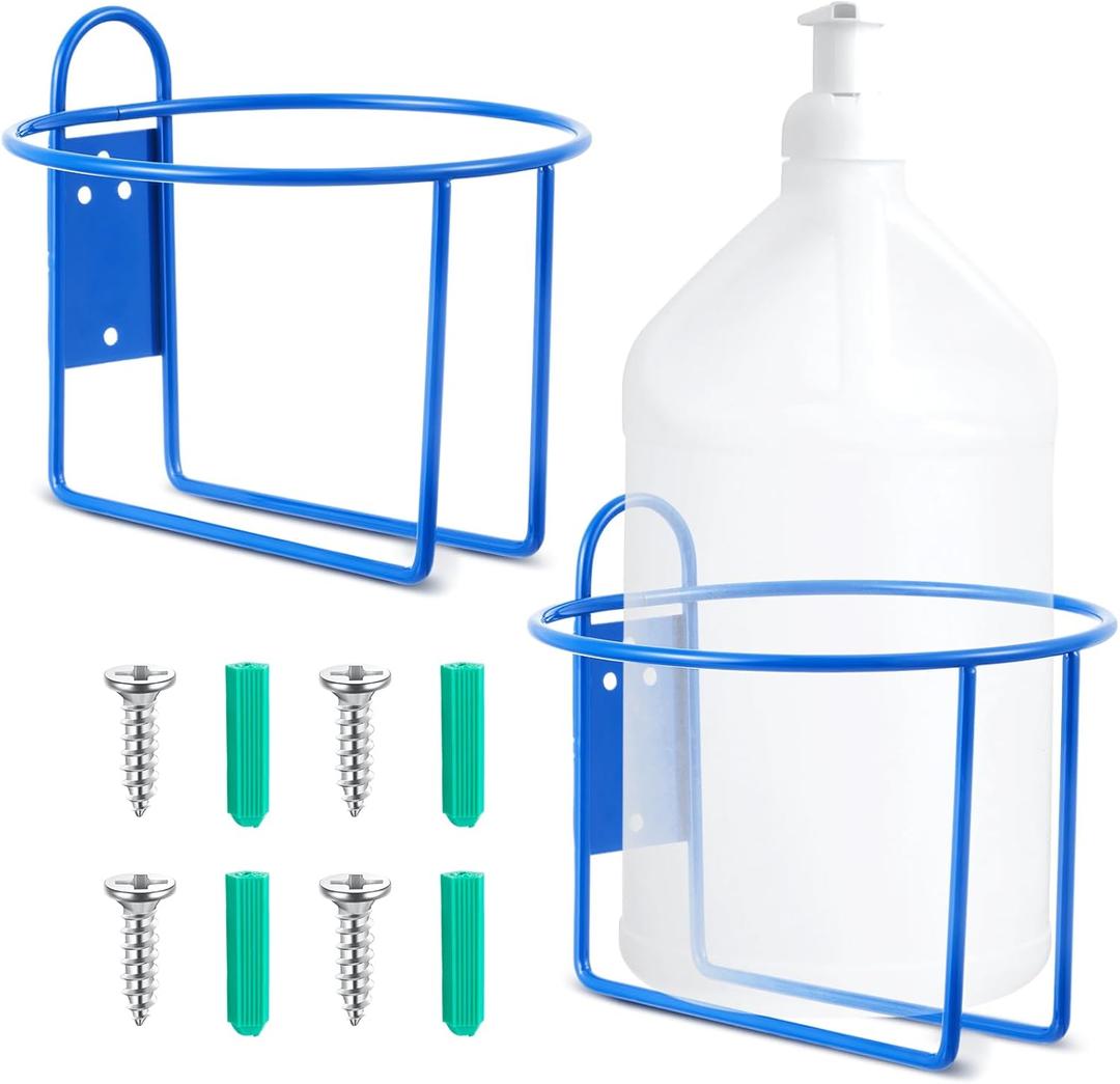 Hicarer 2 Pcs One Gallon Jug Storage Rack Wall Mounted Heavy Duty Steel Wall Rack for 1 Gallon Bottle Round Water Jug Holder with Hardware Hand Sanitizer 6-3/4" W x 5" H x 6-1/2" D (Blue)