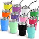 3 oz Mini Tumbler Shot Glass with Straw and Lid 12 Pcs Stainless Steel Mini Shot Tumblers for Wedding Party Whiskey Cocktail Bar, 12 Colored, Matte with Silver Rim