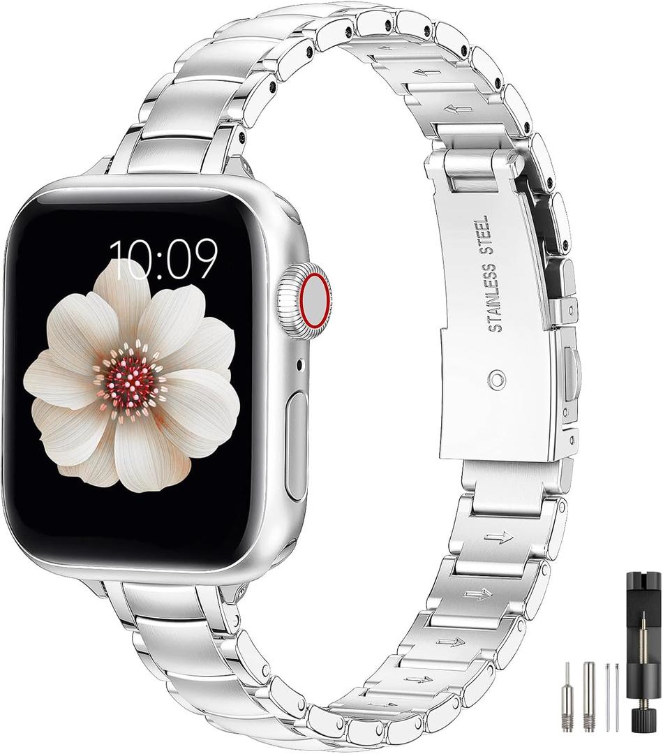 MioHHR Thin Metal Bands Compatible with Apple Watch Band 38mm 40mm 41mm 42mm(Series 10),Slim Narrow Stainless Steel Strap for Women iWatch Bands Series 9 8 7 6 5 4 SE 3 2 1,Silver