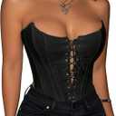 LovelyWholesale Women Strapless Lace Up Corset Tops Party Club Sexy Overbust Bustier Top Black Small