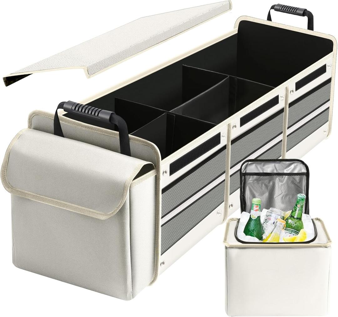 Car Trunk Organizer with Insulated Leakproof Cooler Bag, 4 in 1 Waterproof Portable Car Storage Organizer with Collapsible Cover, 3 Large Compartments, Trunk Organizer for SUV, Car, Truck (Beige)