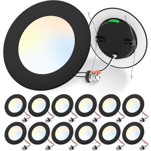 ALUSSO LIGHTING 6 Pack 6 Inch LED Recessed Lighting,Black Can Lights Retrofit Trim, 12W, 1100LM, 5CCT Selectable, 2700K/3000K/4000K/5000K/6000K Downlight Dimmable, Damp Rated, Black