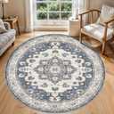 Washable Living Room Circle Rug: 6ft Round Rugs for Bedroom Dining Room Indoor Oriental Ultra Thin Soft Carpet Water Resistant Floral Distressed Non-Shedding Floor Carpets Home Decor (6ft-Round,Blue)