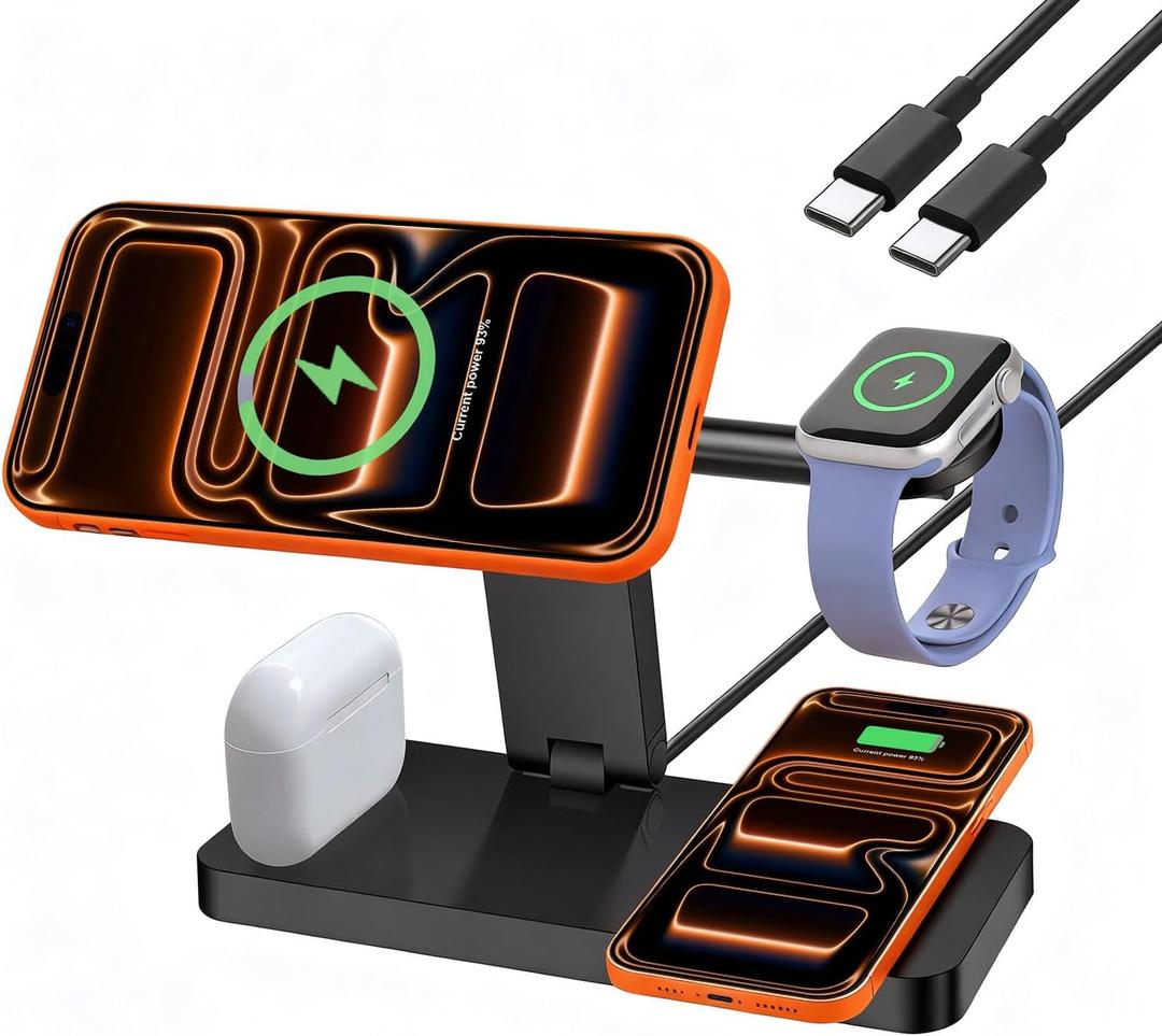 4 in 1 Wireless Charging Station, 15W Fast Wireless Charger for Mag-Safe Magnetic Charging Stand for iPhone 17 Pro Max/17 Air/16 Pro/16 Plus/15/14/13/12 mini,AirPods Pro,Apple Watch Series,Black