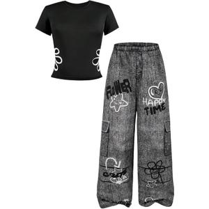 RoseSeek Girl's 2 Piece Summer Outfits Floral Graphic Tees and Wide Leg Pants Set Cute Clothes Streetwear (Black)