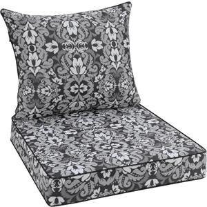 Favoyard Outdoor Seat Cushion 24 x 24 x 4 in Waterproof Pattern Fade Resistant Cover Removable Patio Furniture Cushions Deep Seat & Back Cushion Set with Adjustable Straps for Patio Chair Sofa Couch (Grey Floral)