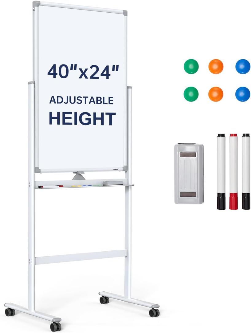 TANKEE Standing Whiteboard, 40x24 Inches Rolling White Board, Magnetic Double-Sided Mobile Whiteboard on Wheels, Large Dry Erase Board with Stand, Height Adjustable White Board for Office School Home