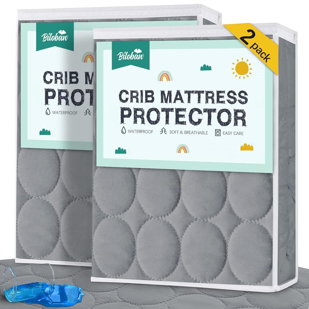 Crib Mattress Protector Sheets Waterproof 2 Pack, Quilted Crib Mattress Pad Cover Fitted Fits for Baby Toddler Bed Mattress, Grey, 52 x 28