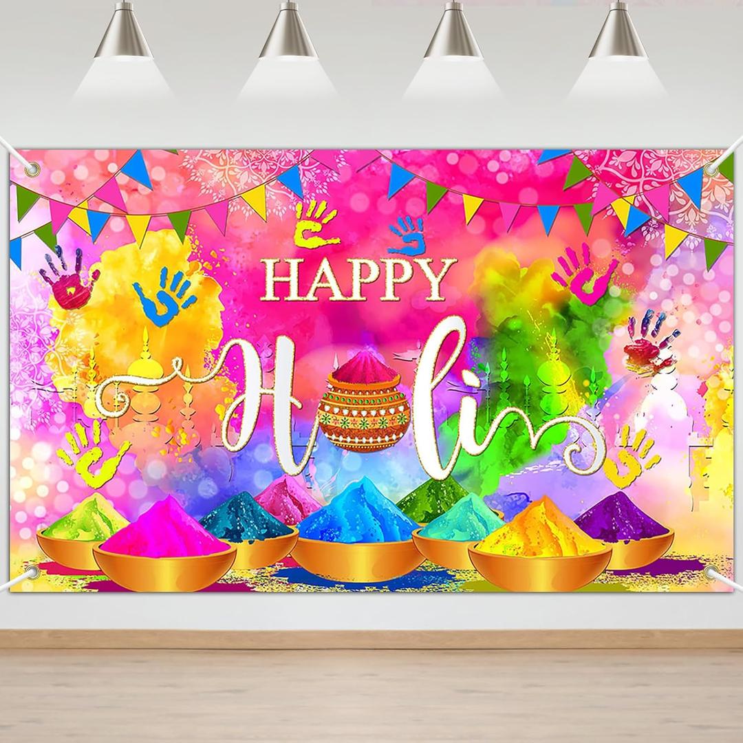 Mocsicka Happy Holi Backdrop Banner India Festival of Colors Photography Background Indian Colorful Graffiti Party Decor Photo Booth Props (70.8"L x 43.3"W)