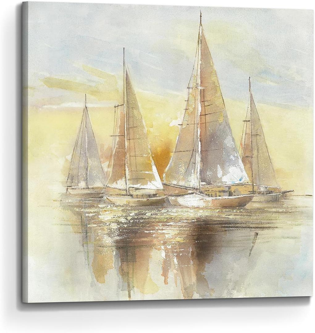arttitue Sailboat Canvas Ocean Wall Art: Sailing Boats Painting Picture Hand Painted Nautical Seascape Print Decor Sea Artwork for Bedroom Living Room Sailboat, 24"L x 24"W