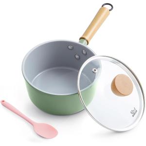 ROCKURWOK Ceramic Nonstick Sauce Pan with Lid, 1.5 Qt Small Pots for Cooking, Small Pot Wooden Handle for Cool Touch, Non Toxic & Pfas-Free Saucepan, Universal Base(Gas, Electric & Induction), Green