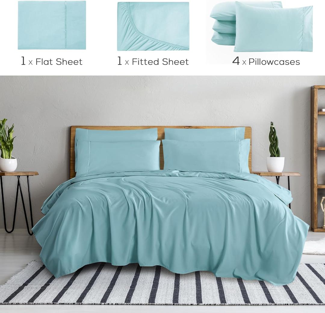 Mueller Ultratemp King Size Sheets Set, Super Soft 1800, 6 Piece, Deep Pocket up to 16" Cooling Sheets King Size, Transfers Heat, Breathes Better, Hypoallergenic, Wrinkle, Light Teal