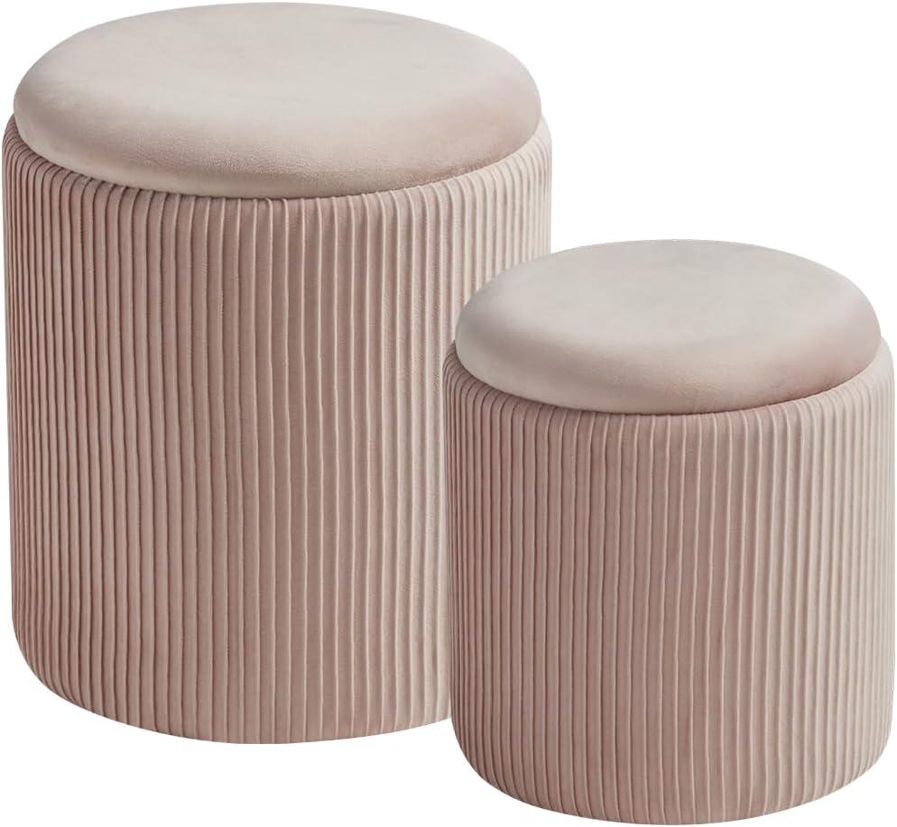 BLEXA Round Set of 2 Ottoman with Storage-Upholstered Velvet Vanity Stool for Makeup Multifunctional Ottomans Coffee Table Padded Seat Foot Rest for Living Room&Bedroom(Pink), Basic