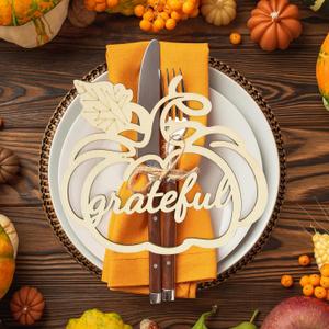 12 Pcs Thanksgiving Pumpkin Wooden Plate Decor Grateful Wood Cutouts Fall Autumn Thankful Blessed Favour Gather Party Place Card Table Settings Signs for Farmhouse Dining Table Holiday Harvest (Large, white)