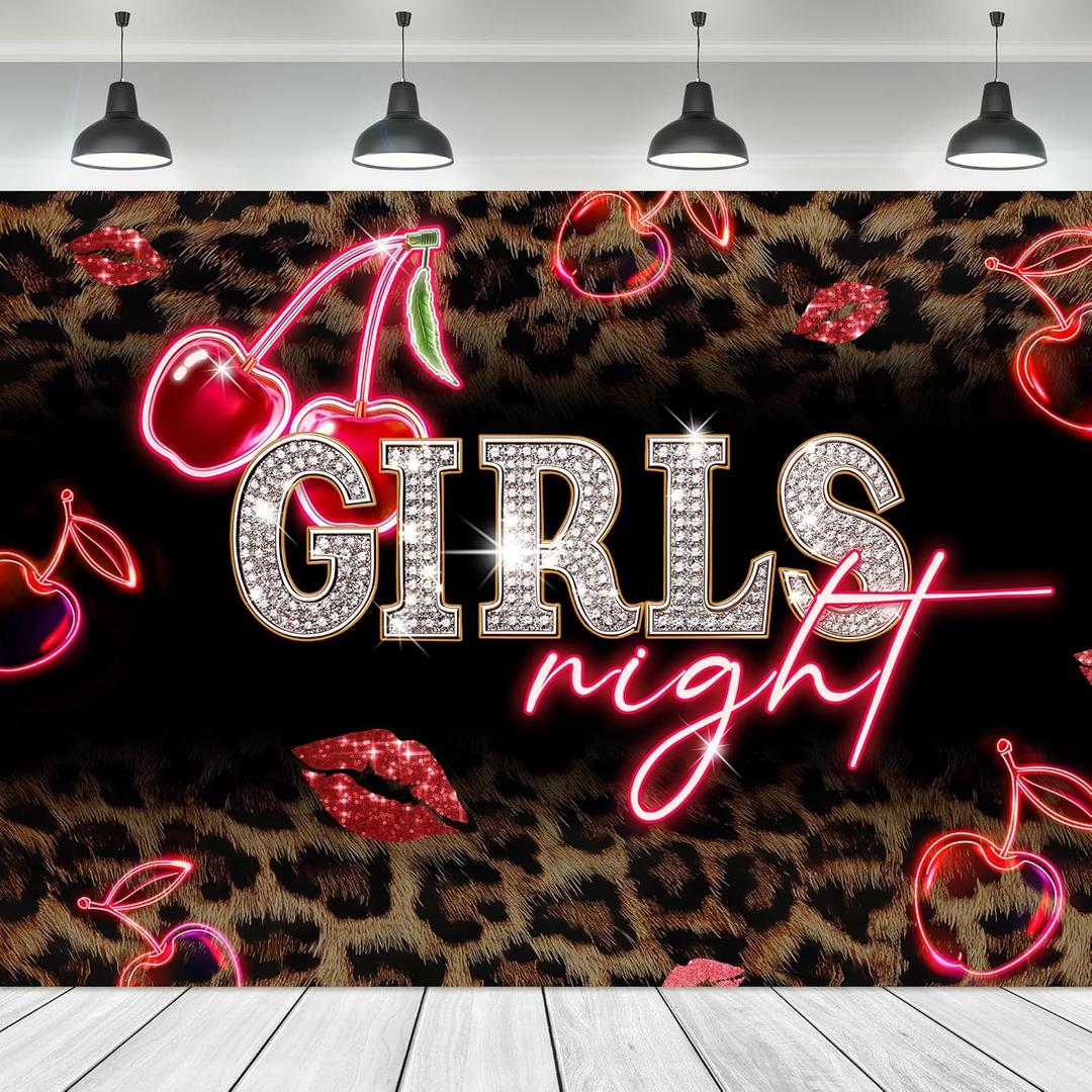 Girls Night Backdrop 7Wx5H Feet Leopard Print Cheetah Print Neon Red Cherry Lips Birthday Decor Vintage Woman Girly Fabric Polyester Photography Background Banner Photo Shoot Decor Prop