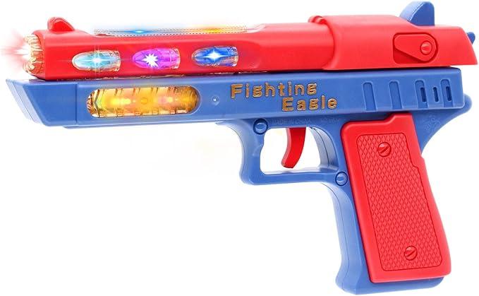 Light Up Pistol Toy  Hand Gun Toys with Dazzling Electric LEDs Light & Fighting Sound & Unique Telescopic Action, Great Party Favor, Gifts for Boys and Girls (Batteries Not Included) (Blue/Red)