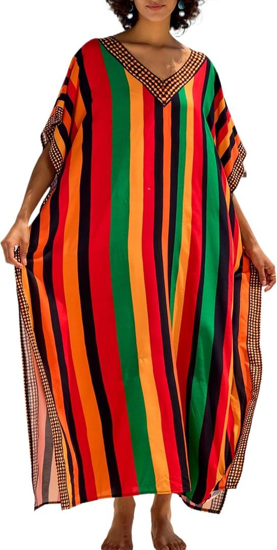 Chunoy Women V Neck Kaftan Casual Bathing Suit Kimono Sleeve Side Split Beach Cover Up Caftan Dress (One Size, Multicolor Stripes)