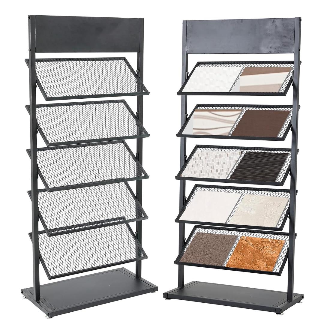 Teenyyou 5-Tier Metal Floor Porcelain Display Stand Rack 26.4'' x 13.8'' x 59.1'' Ceramic Tiles Display Shelf, Marble Slab Rack, Ceramic Sample Holder for Craft Exhibition Halls Shows