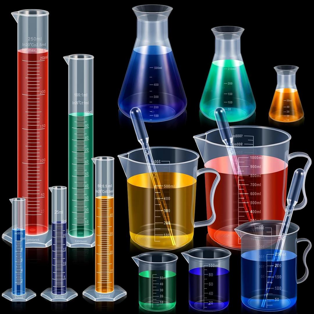 Xuhal 5Pcs Graduated Cylinder 10ml25ml50ml100ml250ml, 5Pcs Plastic Beakers 50ml100ml250ml500ml1000ml, 3Pcs Plastic Erlenmeyer Flask 50ml100ml500ml and 10Pcs 3ml Disposable Transfer Pipette