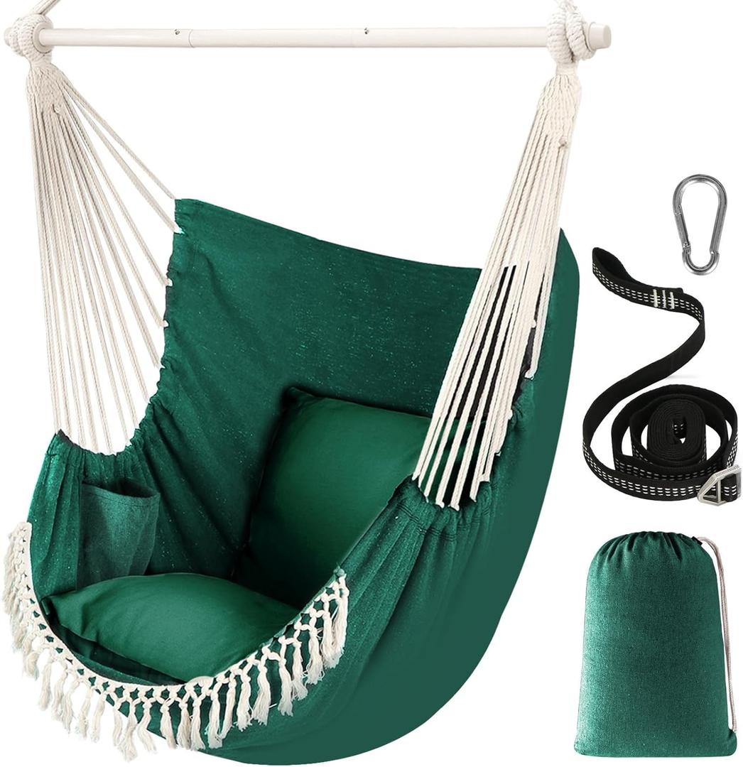 Chihee Hammock Chair Hanging Swing Max 500 Lbs 2 Cushions Included Metal Spreader Bar with Anti-Slip Grooves Portable Hanging Chair Side Pocket Large Macrame Bohemian Chair Indoor Outdoor (130x100cm, Dark Green)
