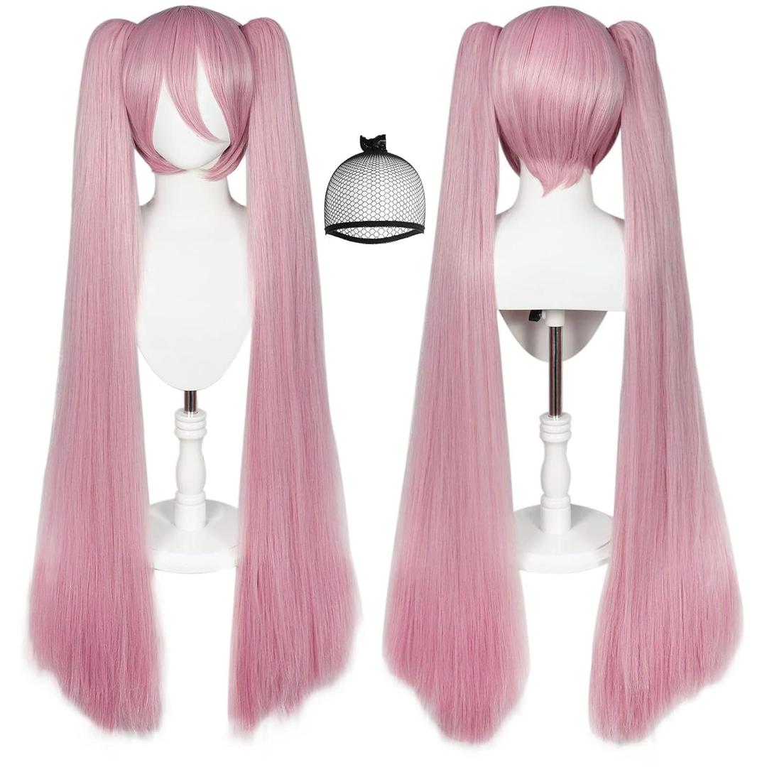 JoneTing 48inch/120cm Pink Wig+ Hair Cap Long Pink Ponytail Wig for Women Long Straight Wigs with Ponytails for Anime Peluca Rosa Hair for Halloween Straight Pigtail Wigs for Cosers Costume