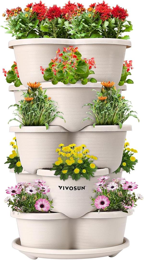 VIVOSUN 5 Tier Vertical Gardening Stackable Planter for Strawberries, Flowers, Herbs, Vegetables, Ivory (1 Pack)