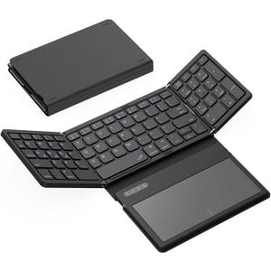 Foldable Bluetooth Keyboard, Portable Full Size Folding Keyboard with Large Touchpad, Numeric Keypad, PU Leather, Wireless TravelKeyboard for Windows Android Mac(Sync up to 3 Devices) (Black)