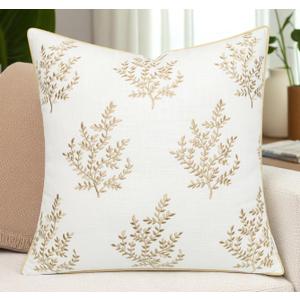 VAGMINE Embroidered Botanical Accent Pillow Cover 18x18  Ivory Cotton Square Cushion Cover for Chair & Couch Styling  Leaves