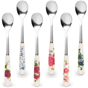 6 PCs Ceramic Handle Coffee Spoons Set  6.1" Small Dessert Spoons with Floral Design  Stainless Steel Tea & Dessert Sugar Spoon for Coffee Bar, Espresso, Hot Drinks | Kitchen Gift Set for Women