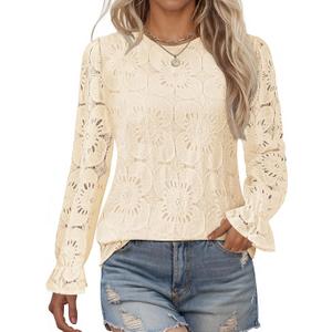 LOMON Womens Lace Long Sleeve Tops Ladies Dressy Eyelet Blouses Casual Embroidered Shirts with Lining 2026 Spring Fashion