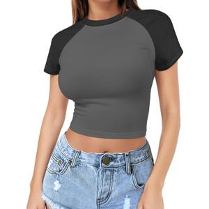 Womens Short Sleeve Crop Top Crew Neck Y2K Shirt Sexy Slim Fitted Casual Base Layer Soft Workout Shirt Going Out Tops (01-black Grey Combo)