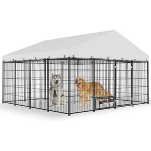 Outdoor Large Dog Kennel - 10 x 10 Covered Dog Kennels with Feeding Door and Double Lock, Welded Wire Dog Kennel, XL Outside Dog Cage for Large Dogs