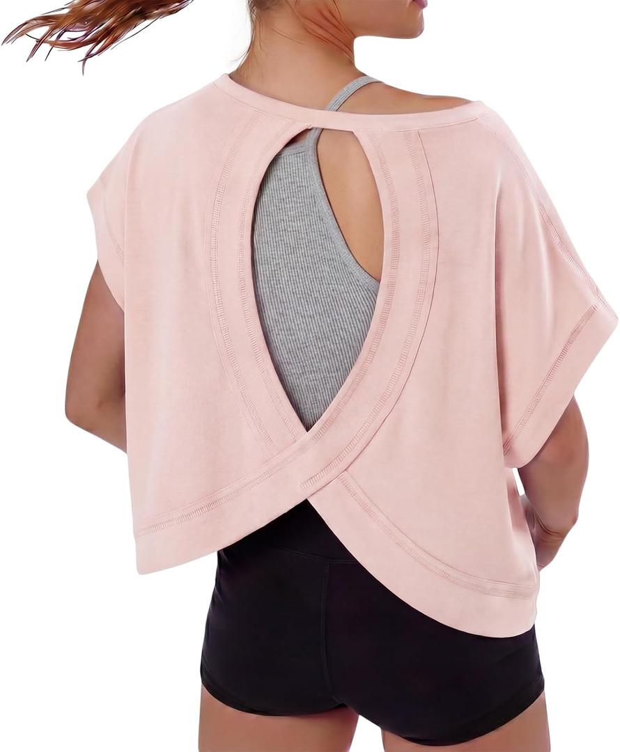 Women Open Back Workout Crop Tops Short Sleeve Athletic Backless T Shirts Loose Fit Running Gym Yoga Tees (Pink, XS)