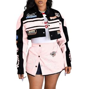 2 Piece Outfits for Women Varsity Jacket Skirt Sets Birthday Club Going Out Outfits Lightweight Motorcycle Outfit Streetwear Pink Size L