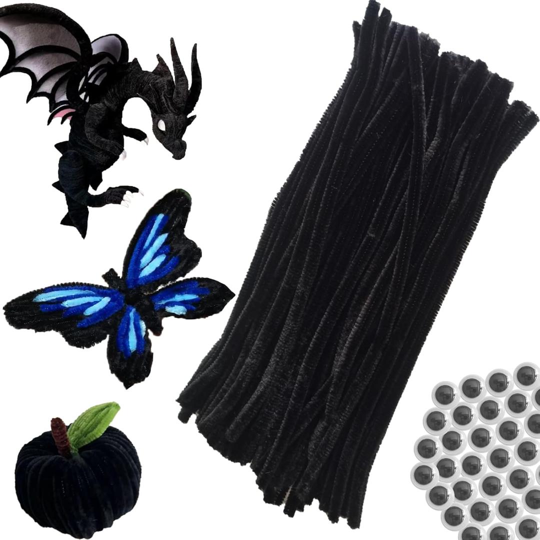 5 x 100pcs Black Pipe Cleaners Chenille Stems for DIY Art & Crafts with Googly Eyes 100pcs (12inch x 6mm)