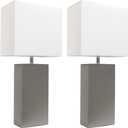Lexington 21" 2-Pack Leather Base Modern Home Décor Bedside Table Lamp Set for Living Room, Bedroom, Entryway, Foyer, or Office with White Rectangular Fabric Shade (Gray)