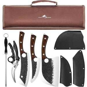 Purple Dragon Butcher Knife Set, 9 Pcs Chef Knife Set - Hand Forged Serbian Chef Knife Meat Cleaver Boning Viking Knives, Kitchen Knives Set with Roll Bag for Home Cooking, Outdoor Camping, BBQ
