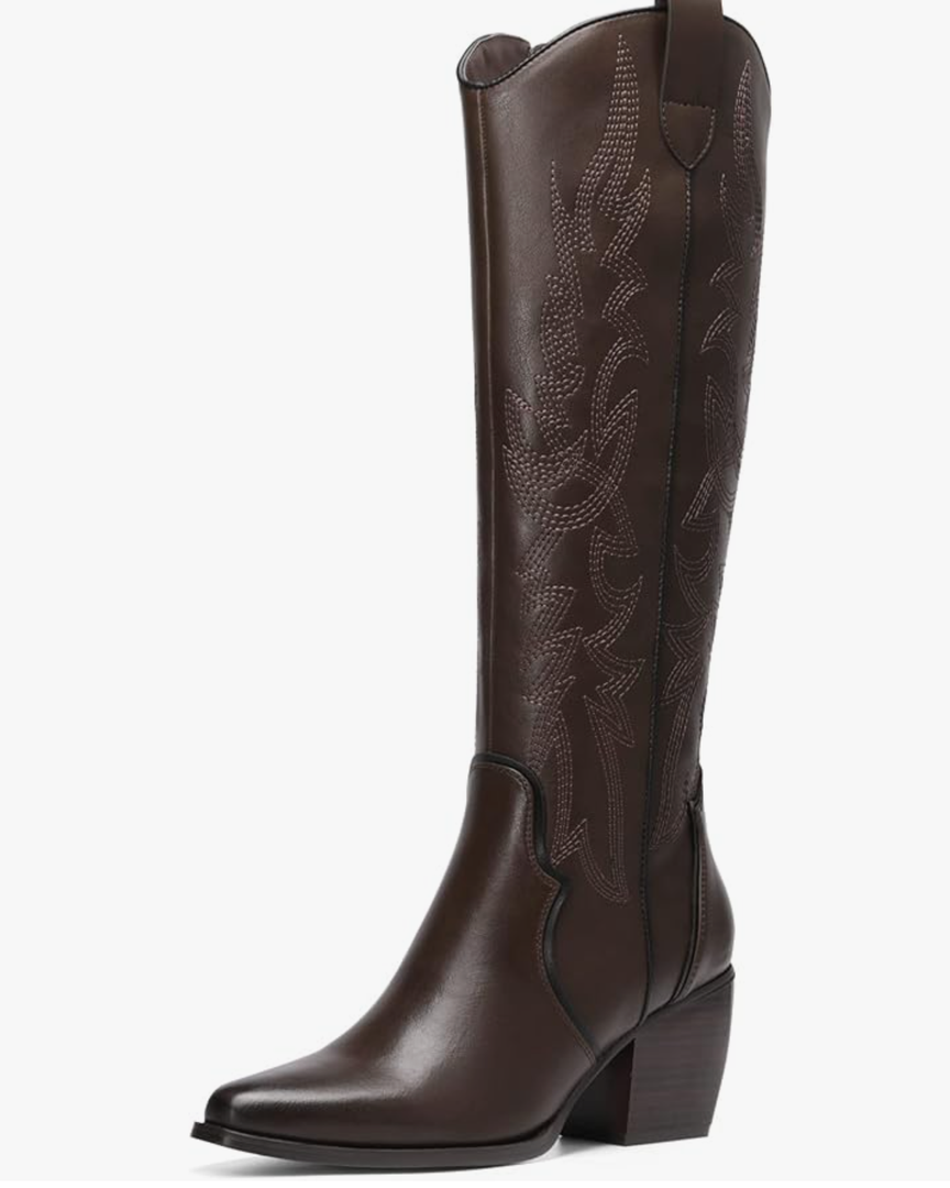 DREAM PAIRS Womens Cowboy Boots Wide Calf Comfortable Pull On Zipper Chunky Heel Pointed Toe Embroidered Western Cowgirl Knee High Boots Girls Ladies Retro Tall Boot, 9 1/2