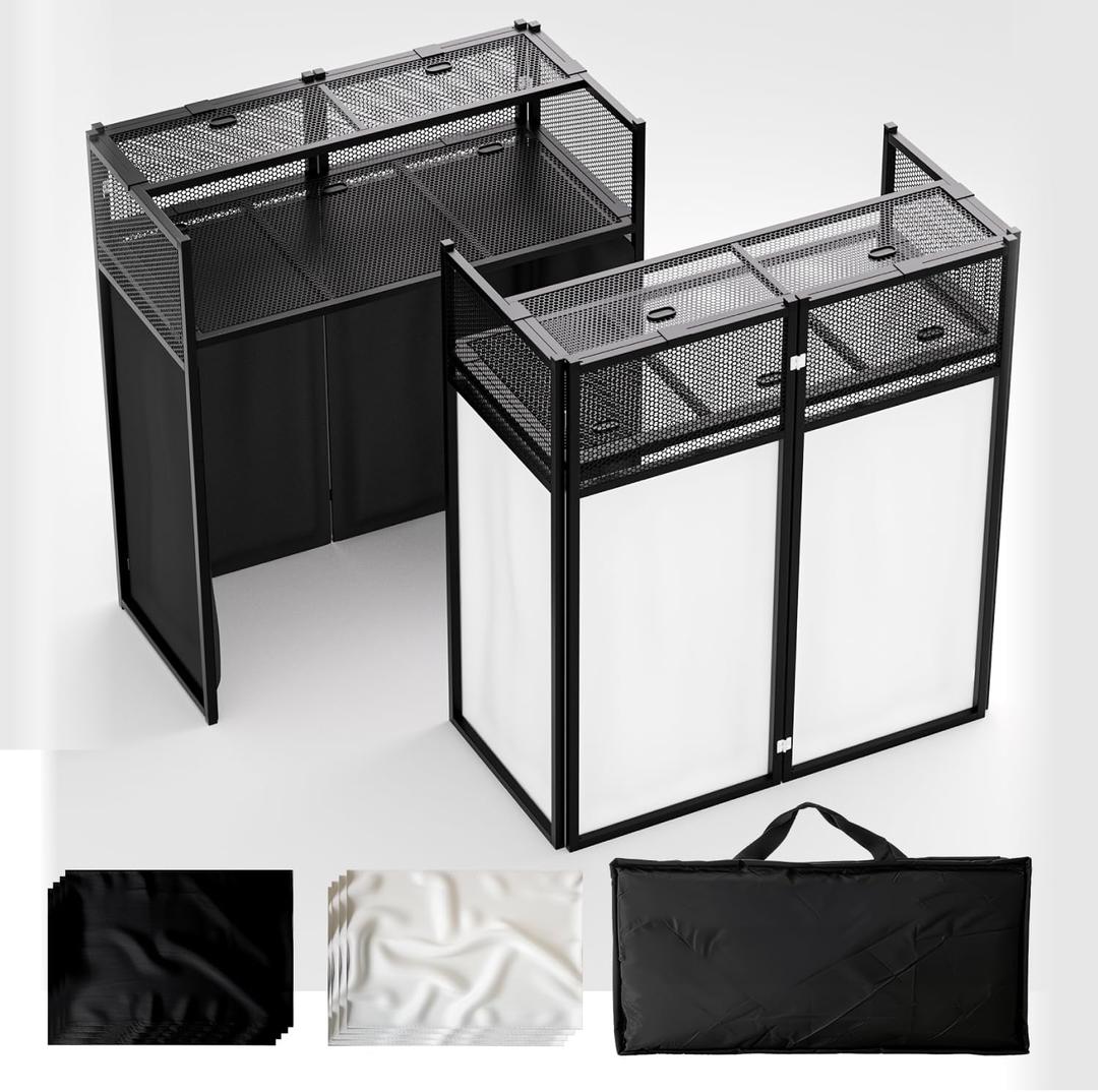 Portable DJ Booth Table,Foldable DJ Table Stand with White & Black Scrim,Adjustable DJ Facade Booth Station Metal Frame with Cable Hole for Private Events, Clubs, Bars (40x20 Double Deck)