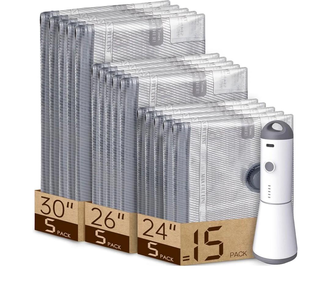 Vacuum Bags for Travel with Rechargeable air Pump, Carry-on Size Compression Packing Bags for Luggage and Suitcase, Space Saver for Clothes and Clothing 15 Combo Travel Size