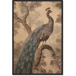 Art Remedy French Decor Peacock Canvas Retro Japanese Art Prints, Black Frame, 10" x 15"