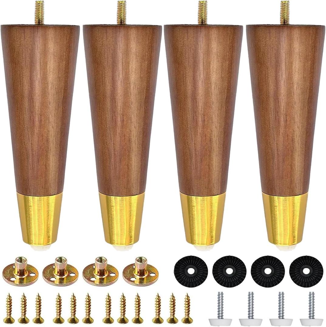 Hard Wood Furniture Legs with Gold Caps 6 Inch Mid-Century Modern Replacement Legs for Couch Dresser Cabinet Vanity Ottoman Walnut Color Sofa Legs Set of 4