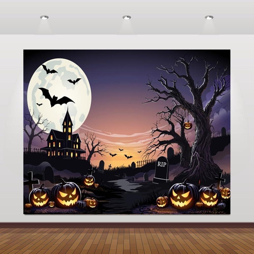 10x8ft Halloween Cemetery Backdrop Castle Blood Moon Bats Graveyard Photography Background for Halloween Themed Party Decorations Supplies Photo Booth Props (Brown)