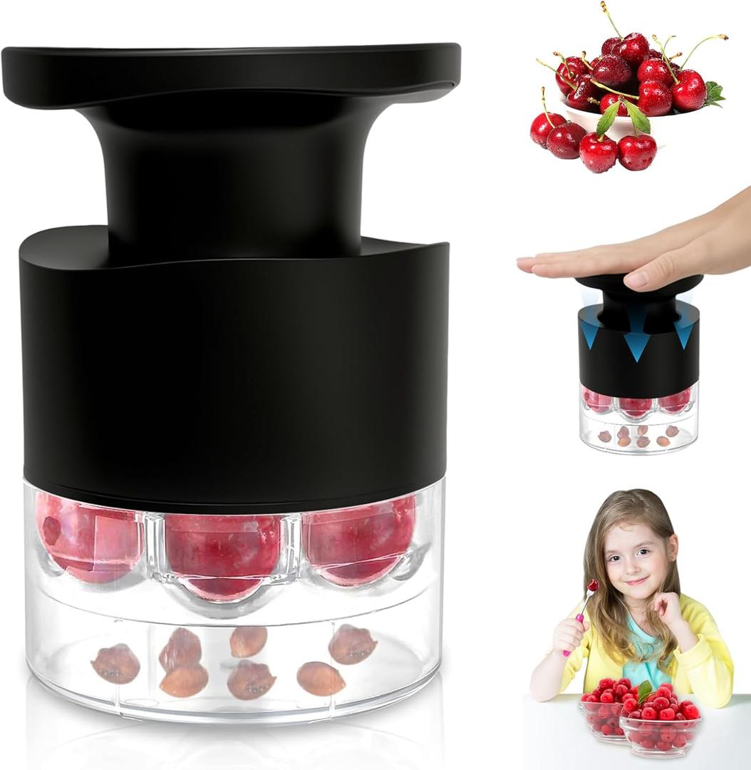 Cherry Pitter Multiple, Quick Release Multi Cherries Stoner Pitter 7-in-1, Push Button Cherr'y Core Pitter Tool with Splatter Protector, Pit Seed Remover for Making Jam Cherry Dishes (Black)