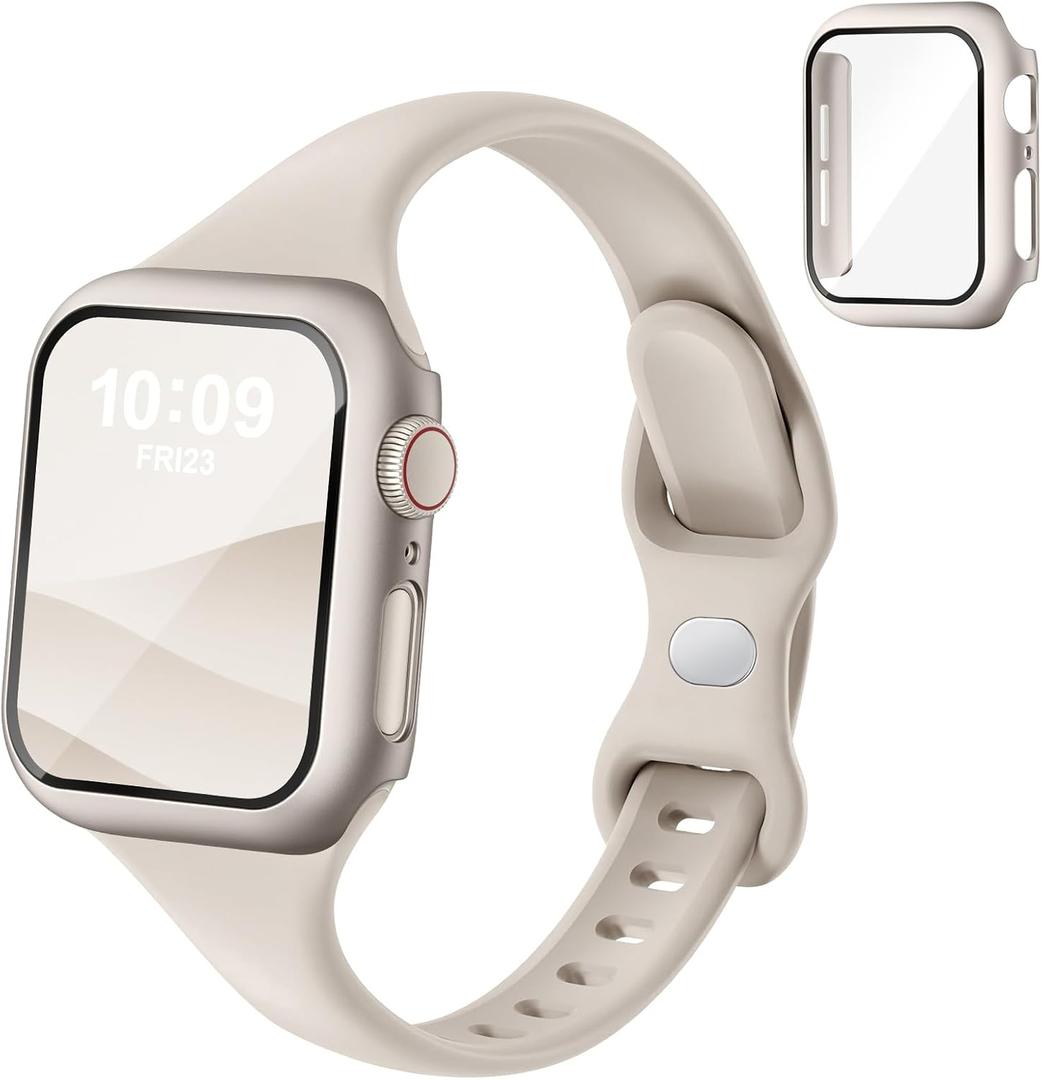Thin Slim Band and Case Compatible for Apple Watch Bands Women Men 40mm 44mm 42mm 46mm 41mm 45mm, Silicone Sport Strap Cover and Screen Protector for iWatch Series 11/10/9/8/7/6/5/4/SE 3 (Starlight)
