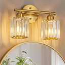 Modern 2 Light Crystal Vanity Light, Brushed Gold Vertical Bathroom Light Fixture Over Mirror for Dressing Table Sink, Compatible with Dimmable Bulbs (Bulbs Not Included)