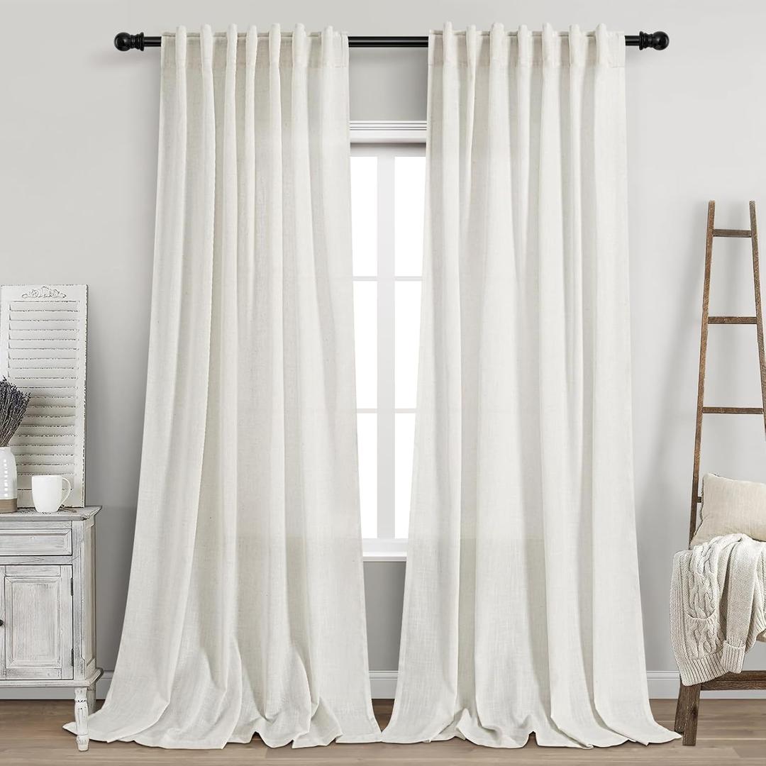 Beige White Linen Curtains for Living Room Extra Long 110 Inches Long Back Tab Light Filtering Semi Sheer Curtain Farmhouse Decor Floor to Ceiling High Window for Bedroom Office 52x110, 2 Panels